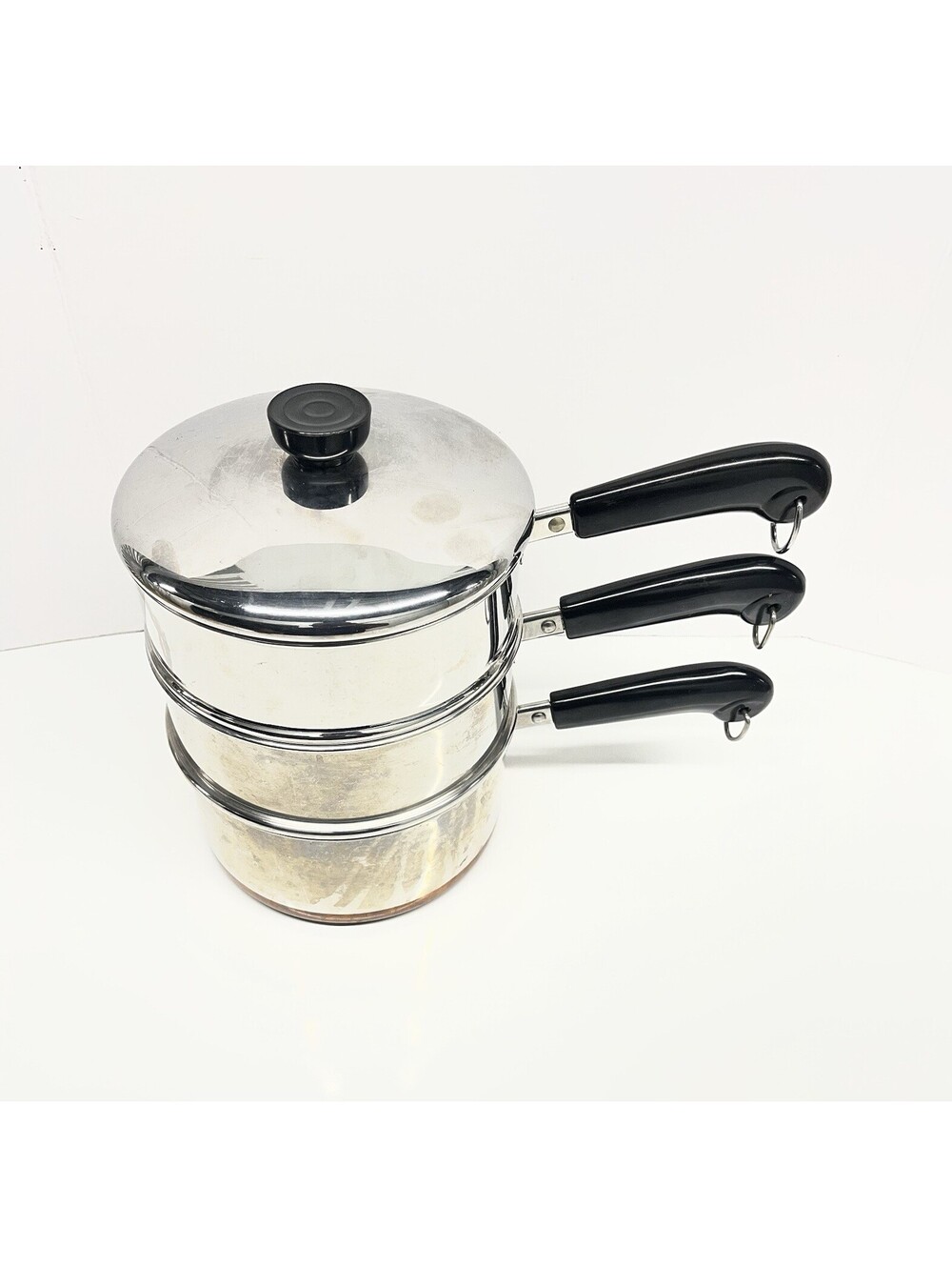Vtg 1801 Revere Ware Copper Bottom 3 Qt Saucepan Dbl Boiler & Steamer w/Lid
